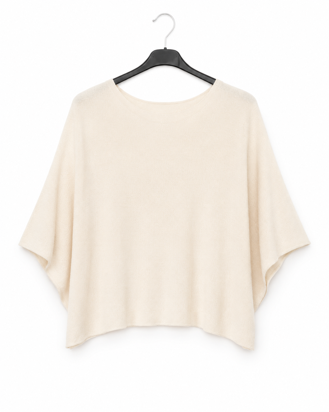 A light beige short-sleeve top with a wide, draped silhouette, hanging on a black hanger against a plain white background.