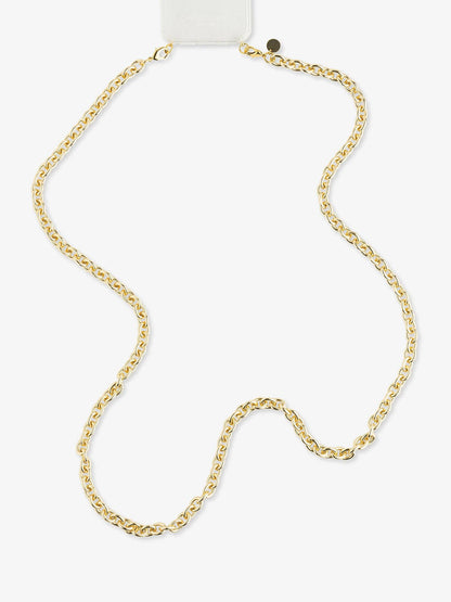 A gold chain necklace with a curb link pattern, displayed on a clean white background with a small white display card at the top.