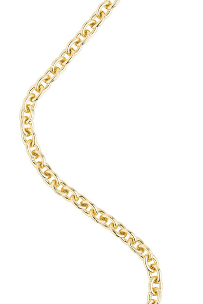 A close-up of a polished yellow gold curb chain against a solid white background.