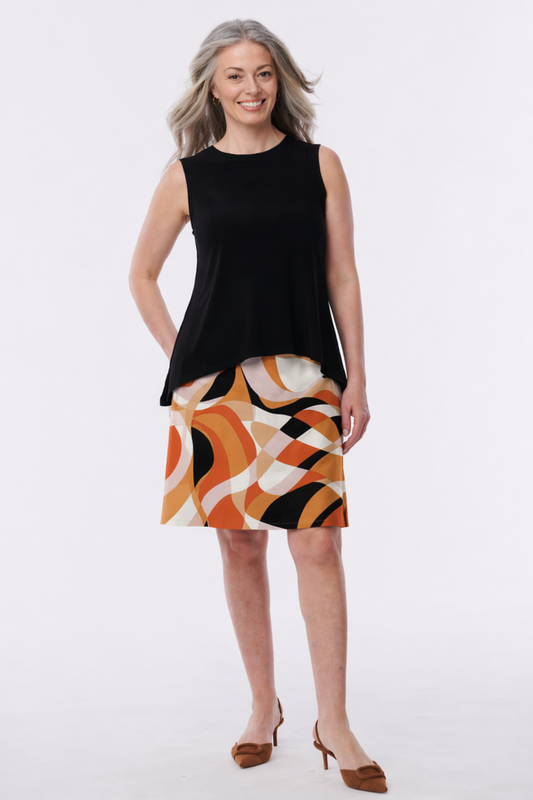 Helene Clarkson Design Halle reversible skirt in wrinkle-free jersey knit, showing both printed and solid sides.