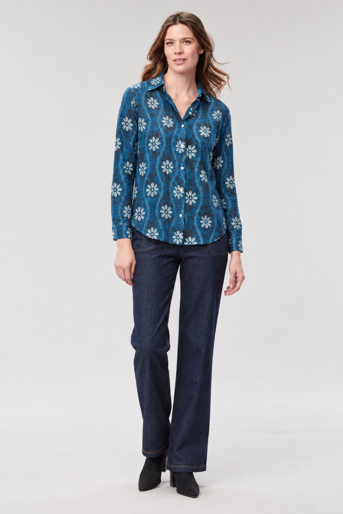 Indigo Floral Button Front Shirt