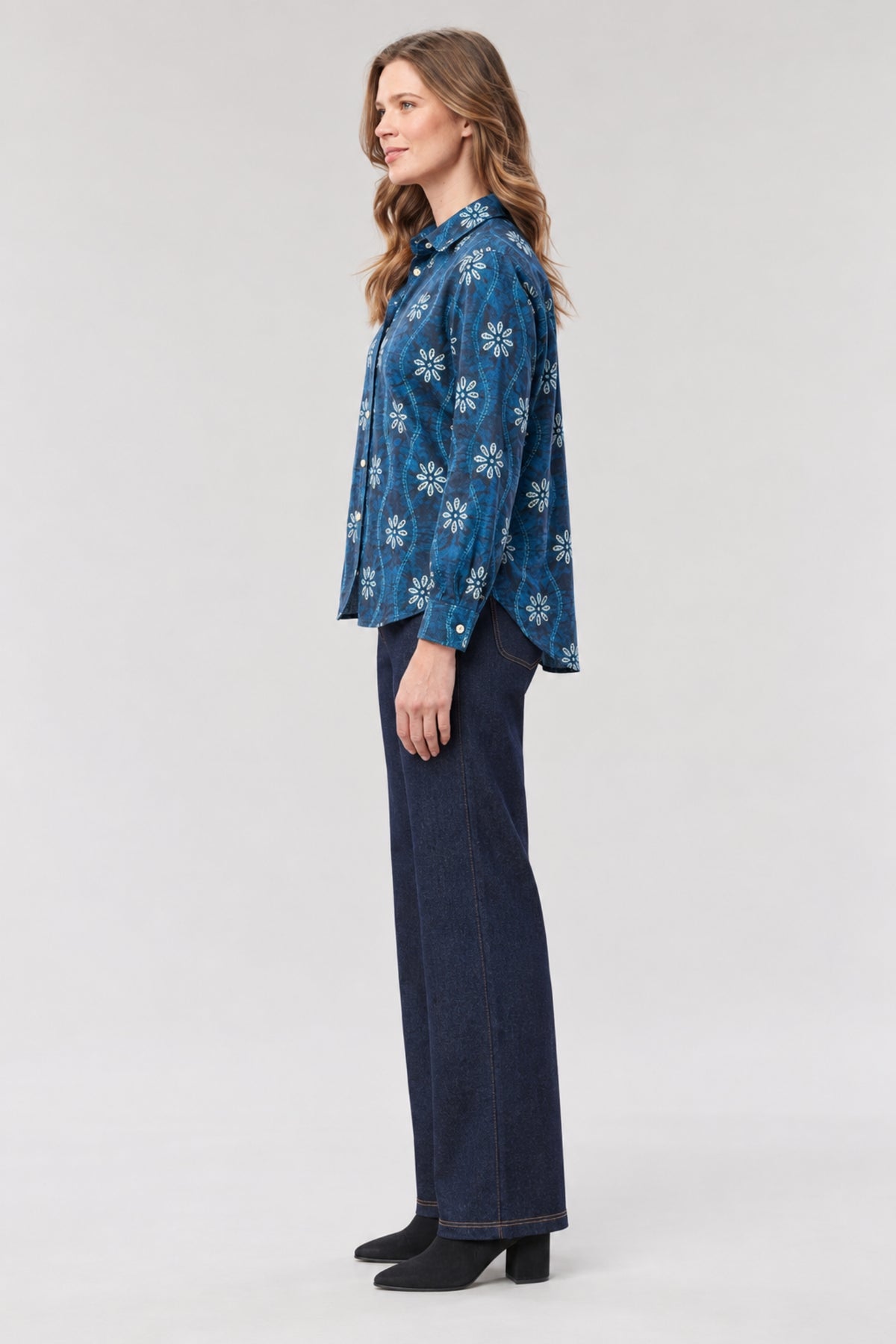 Indigo Floral Button Front Shirt