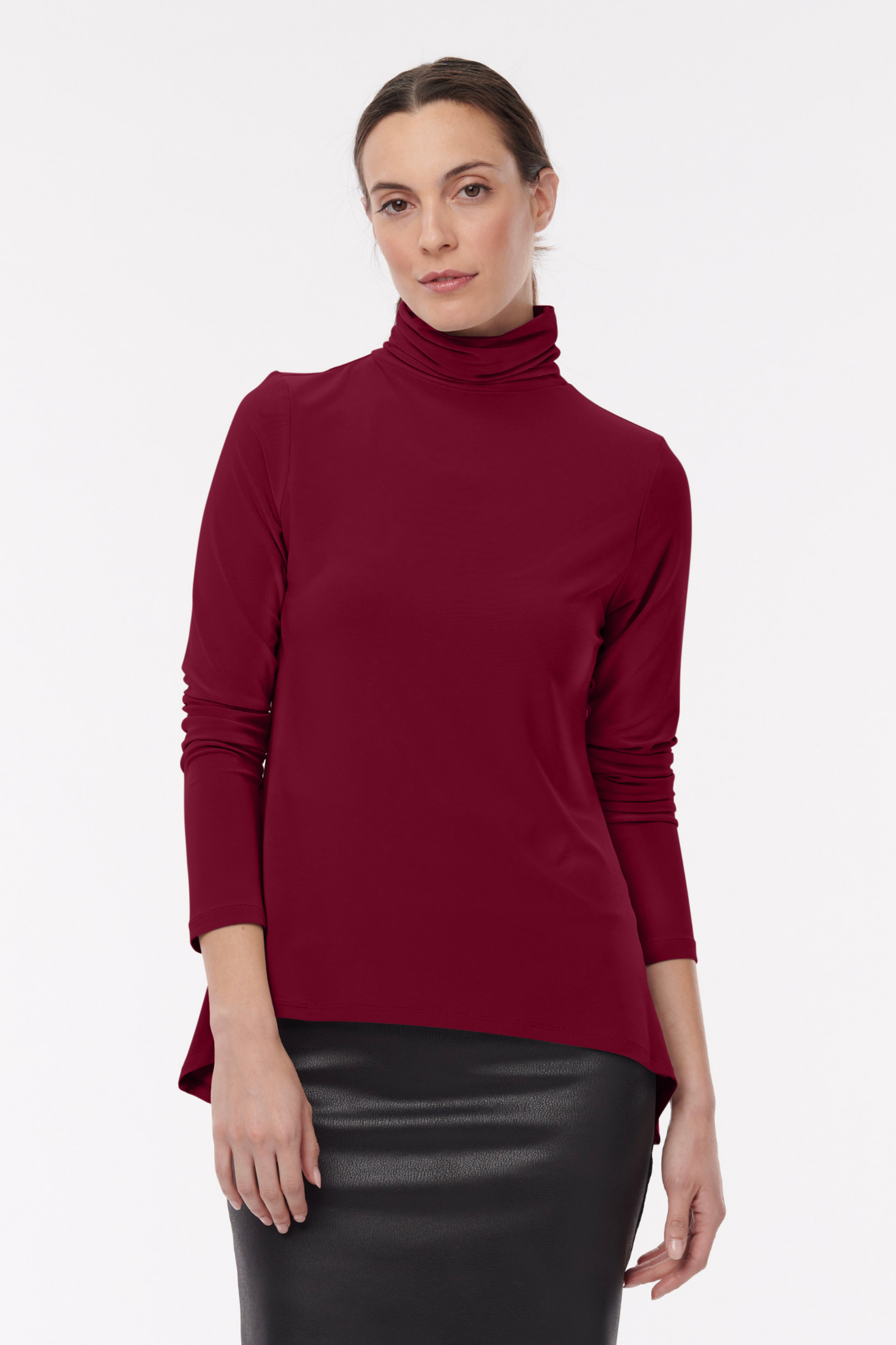 Helene Clarkson Design Orly Turtleneck in claret wrinkle-free jersey knit, showcasing a fitted long-sleeve shirt with a turtleneck collar.