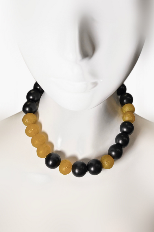 Around the World – Tales from Africa Necklace in Ebonized Wood & Yellow Glass Beads | Ibérina Design - Helene Clarkson Design