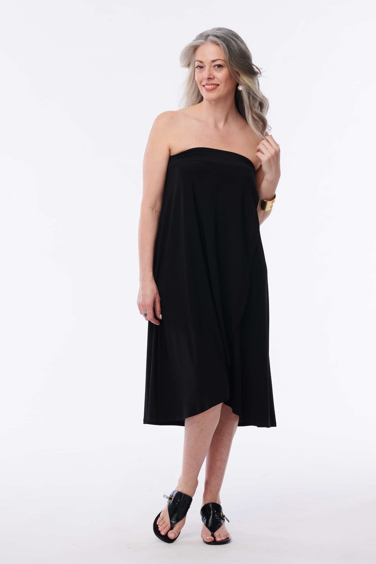Helene Clarkson Design Salima 3-in-1 convertible wrap skirt in soft fabric, shown layered with different styling options.