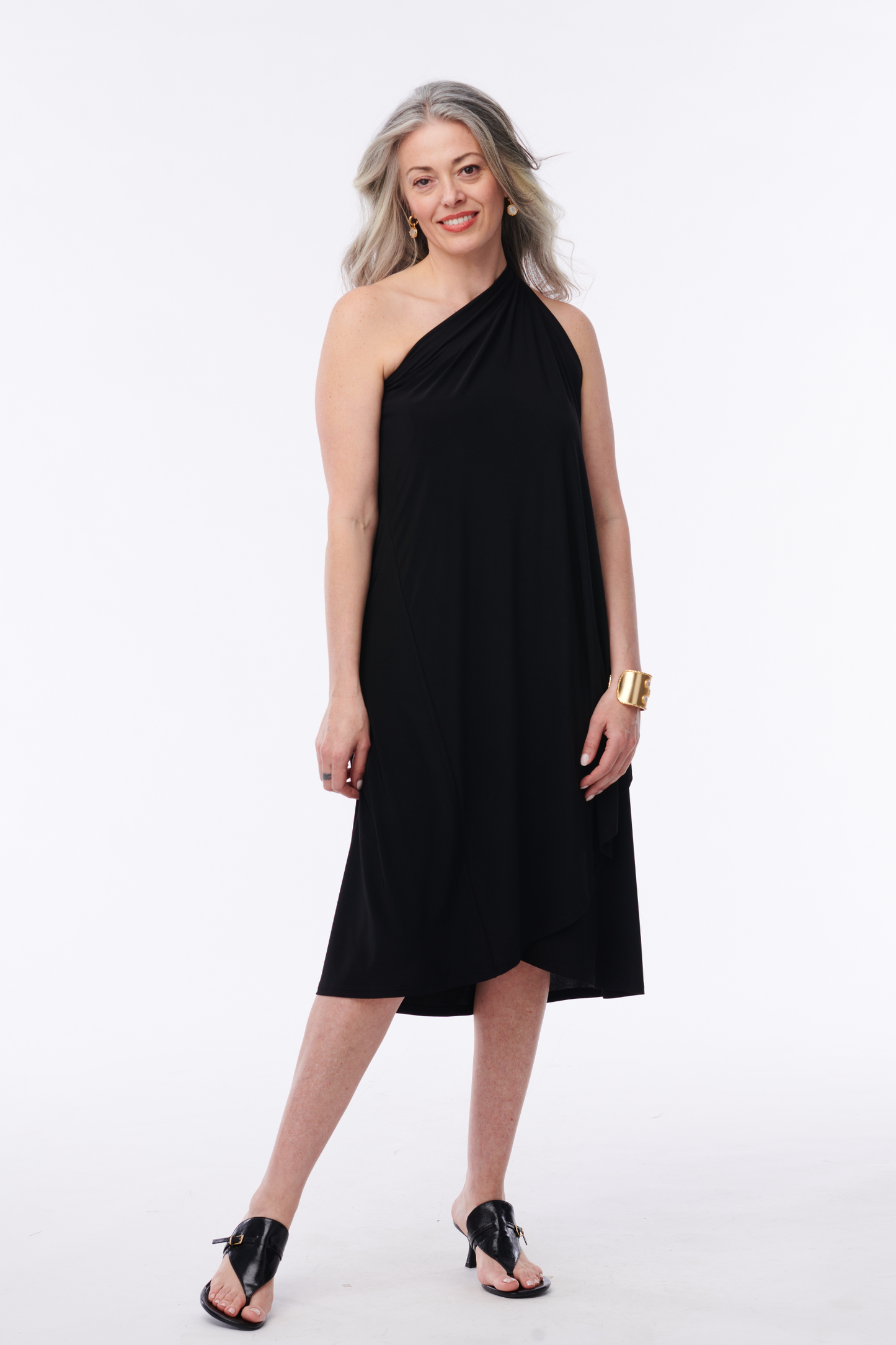 Helene Clarkson Design Salima 3-in-1 convertible wrap skirt displayed in versatile black fabric with adjustable waist.