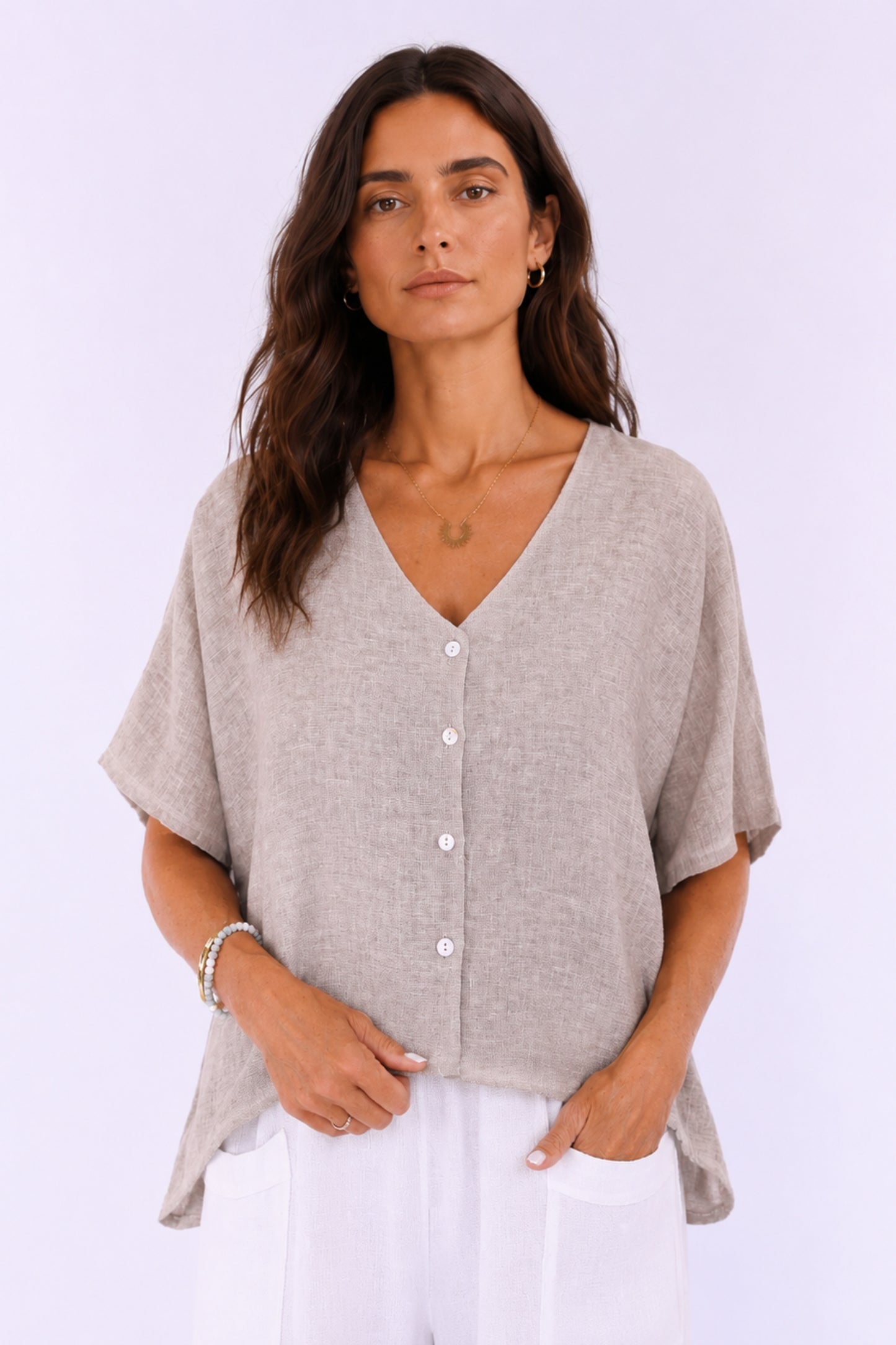 Linen and Cotton Blend Short Sleeve Button-Front Top - Helene Clarkson Design