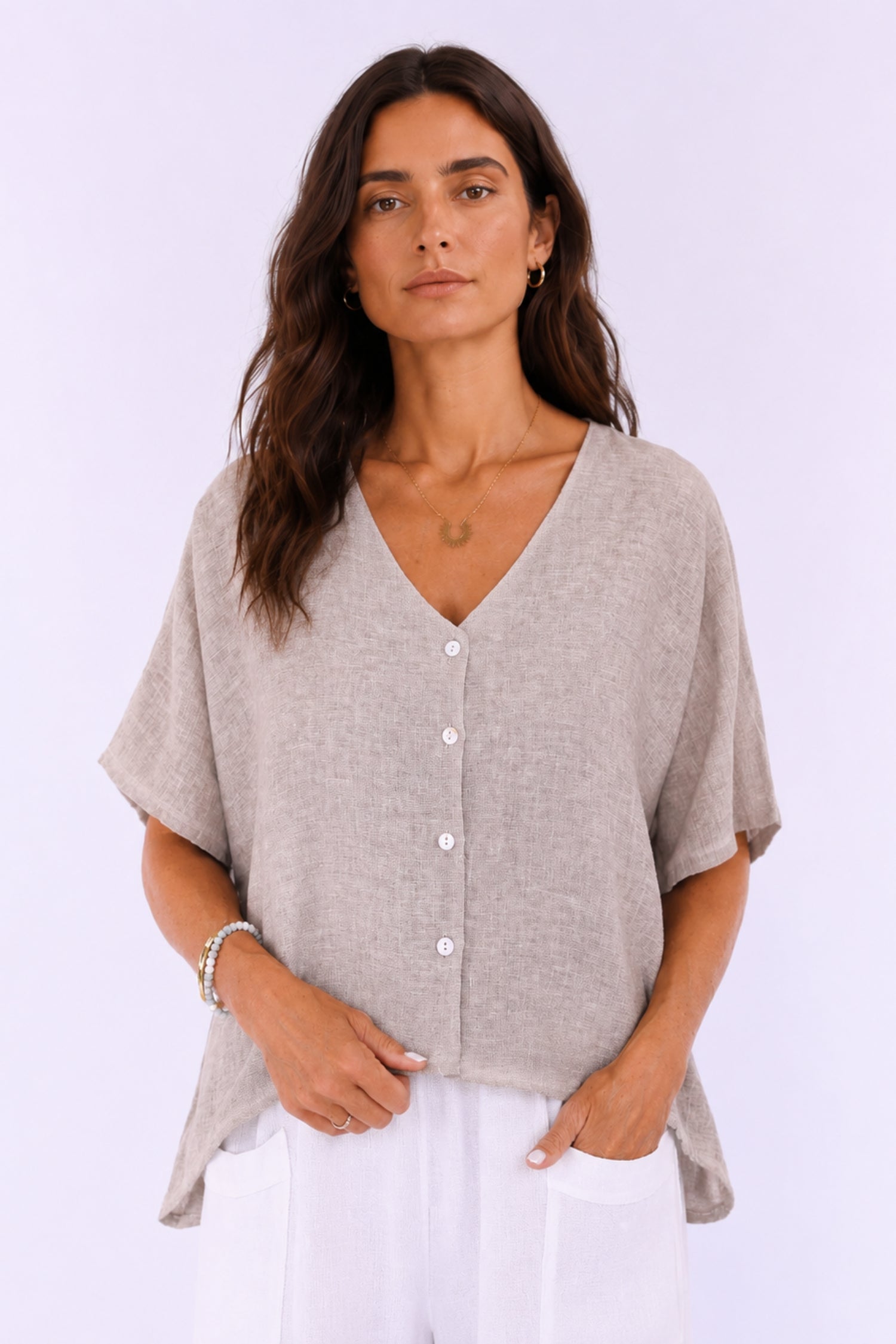 Linen and Cotton Blend Short Sleeve Button-Front Top - Helene Clarkson Design