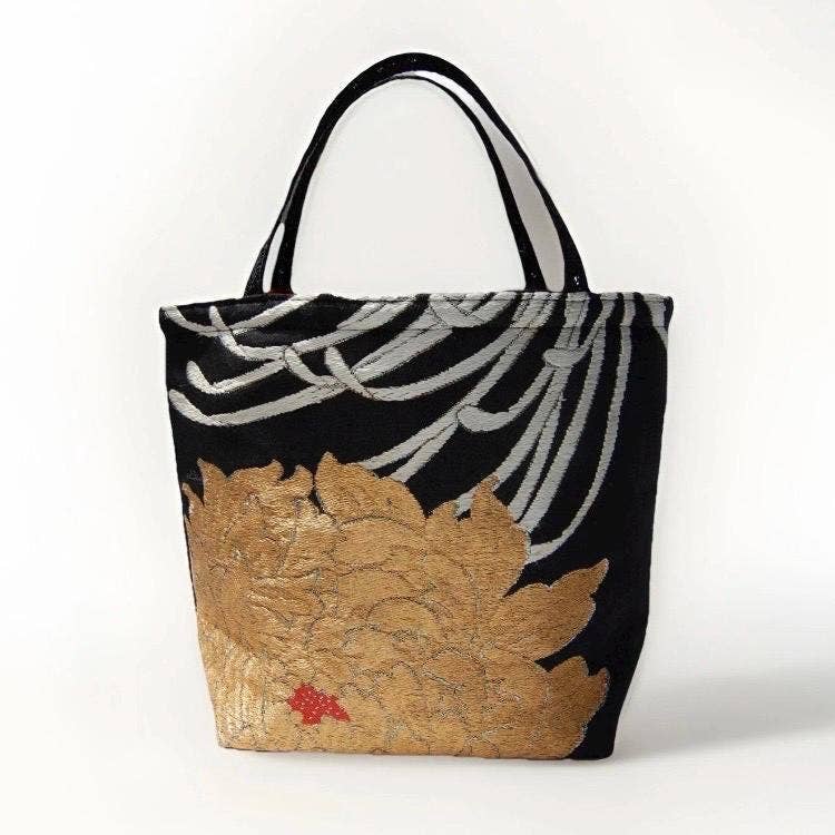 One-of-a-Kind White & Gold Peony Vintage Obi Silk Mini Tote