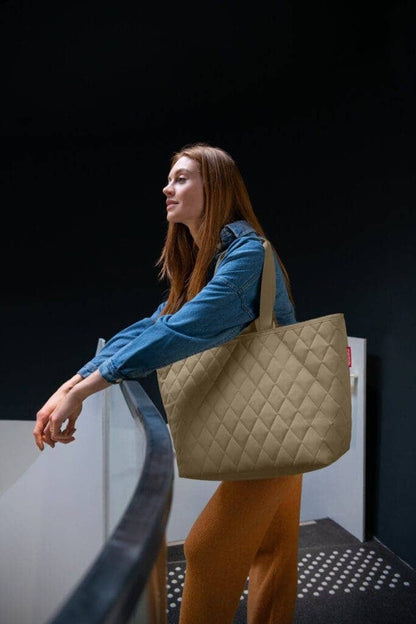 Reisenthel Classic Shopper bag in large olive rhombus pattern, stylish reusable bag with durable fabric and sturdy handles.
