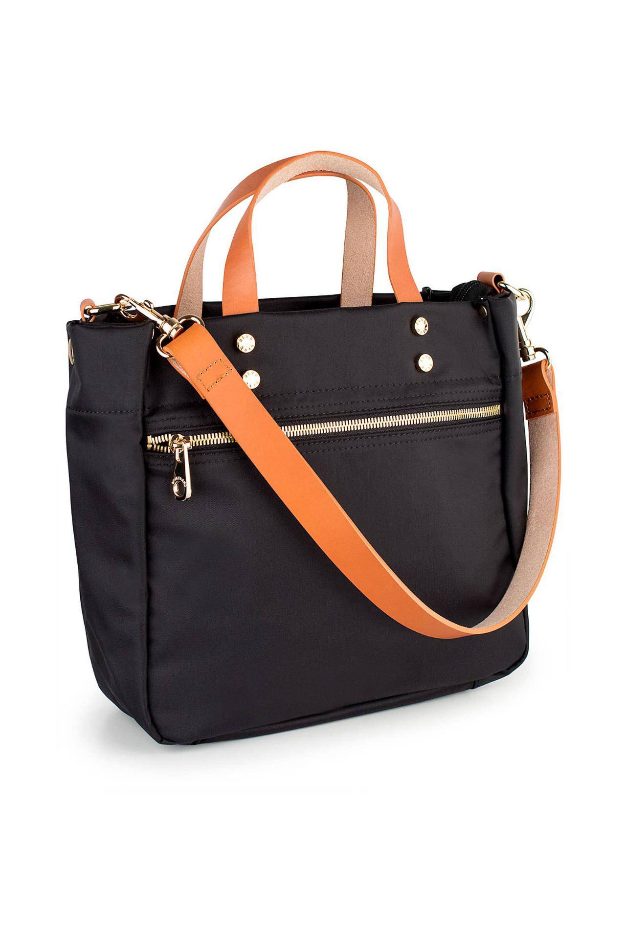 Black BLVD Joey nylon travel tote bag with leather accents, spacious and stylish for everyday or travel use.