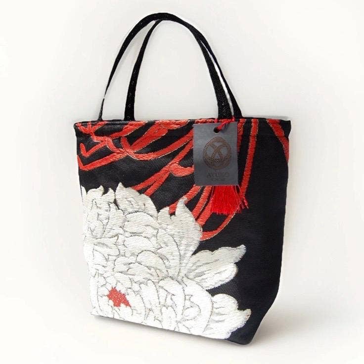One-of-a-Kind White & Gold Peony Vintage Obi Silk Mini Tote