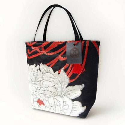 One-of-a-Kind White & Gold Peony Vintage Obi Silk Mini Tote
