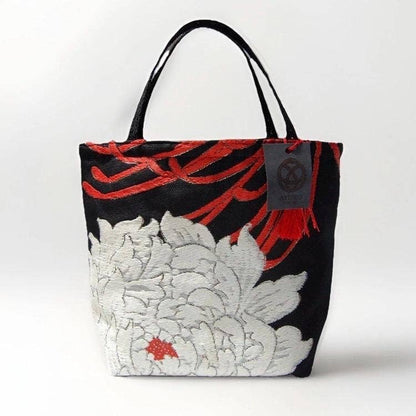 One-of-a-Kind White & Gold Peony Vintage Obi Silk Mini Tote