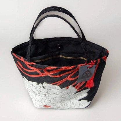 One-of-a-Kind White & Gold Peony Vintage Obi Silk Mini Tote