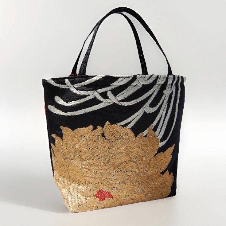 One-of-a-Kind White & Gold Peony Vintage Obi Silk Mini Tote