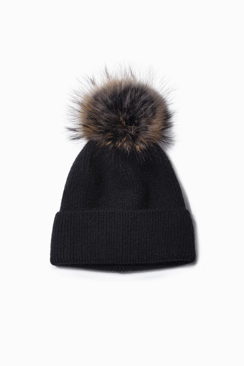 Black ribbed knit beanie hat with faux fur pom pom from Always Swanky, cozy winter accessory for cold weather.