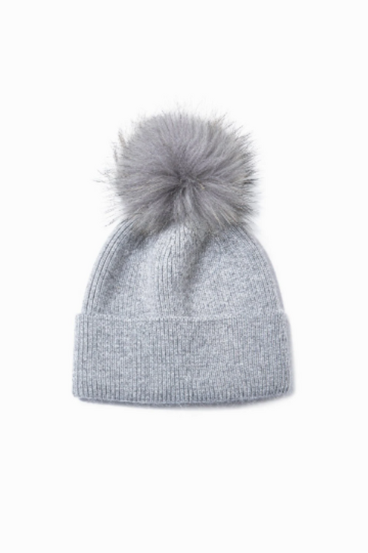 Ribbed Knit Beanie Hat w Faux Fur Pom Pom - Helene Clarkson Design