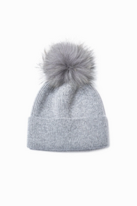 Ribbed Knit Beanie Hat w Faux Fur Pom Pom - Helene Clarkson Design