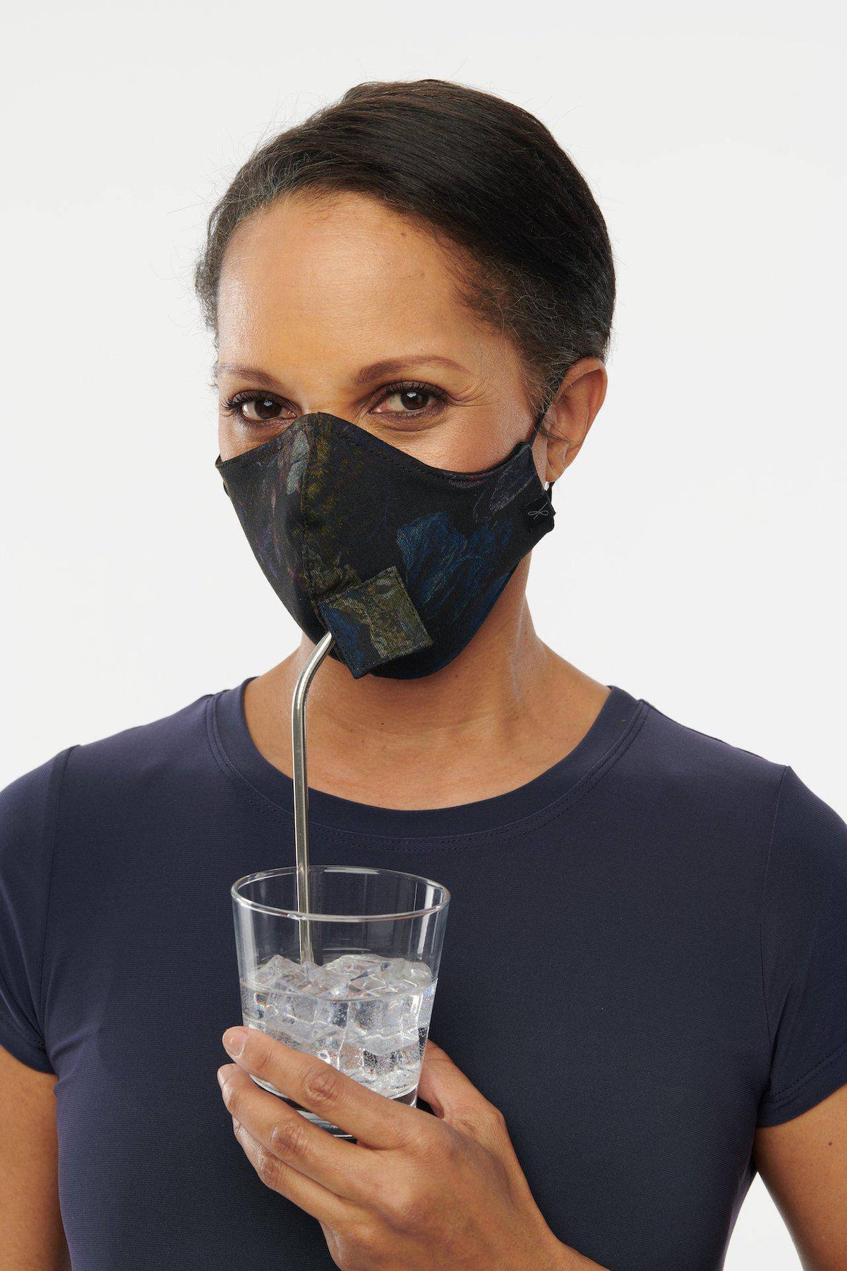 Charcoal denim Travel and Sip face mask for adults by Helene Clarkson Design, featuring a comfortable adjustable fit.