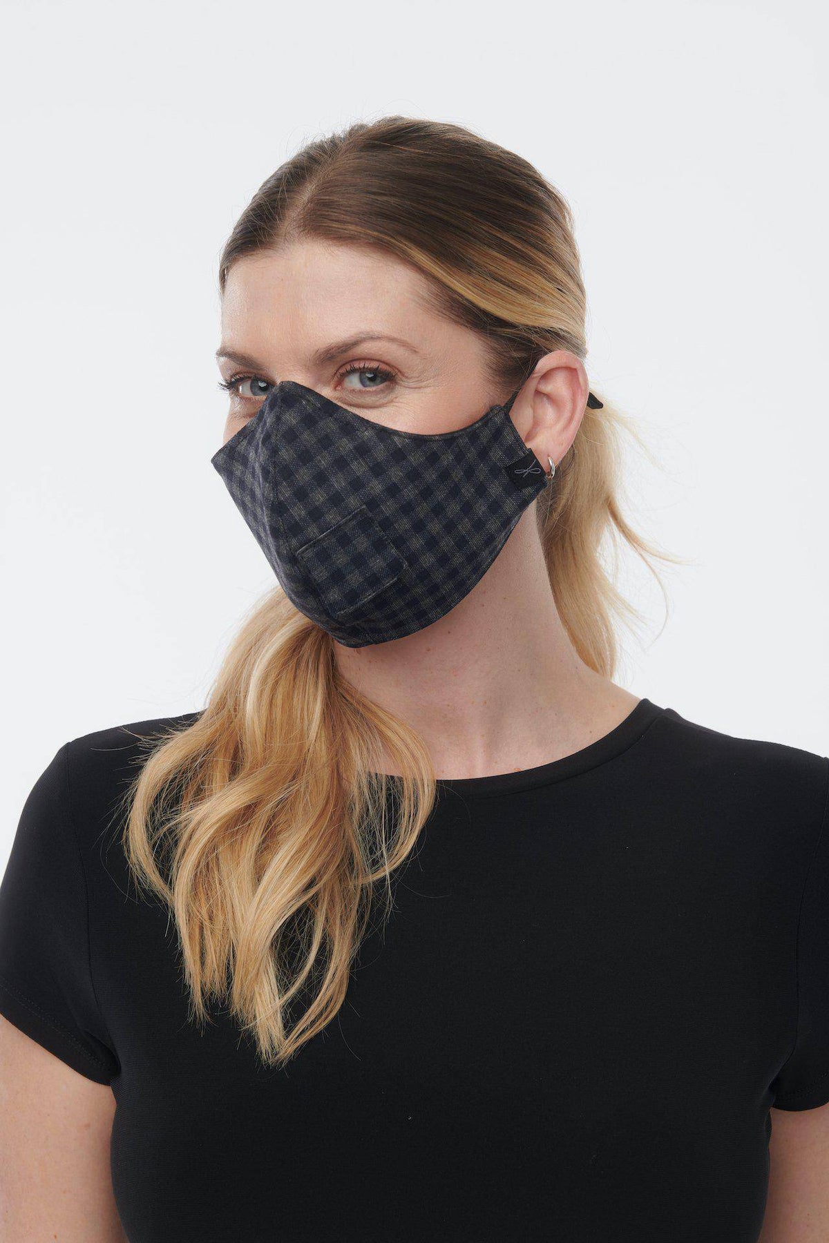 Adult charcoal denim travel and sip face mask by Helene Clarkson Design, featuring a stylish, comfortable design for travel.
