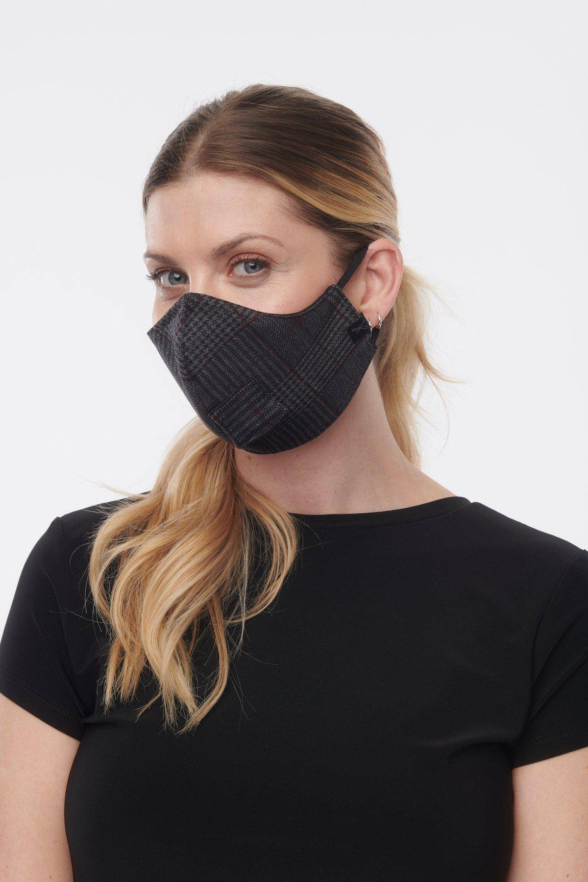 Charcoal denim travel and sip face mask for adults by Helene Clarkson Design, made of fabric with adjustable ear loops.