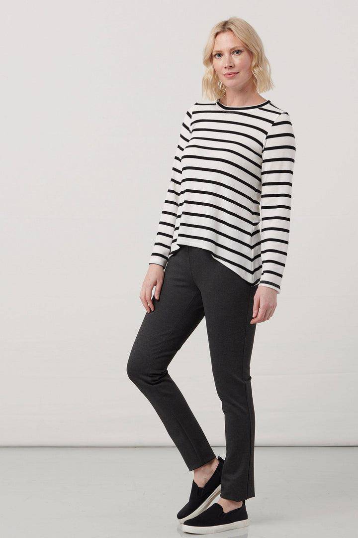 Grey marl Aro full-length travel pants by Helene Clarkson Design, shown on a model, with a relaxed fit and comfortable waistband.