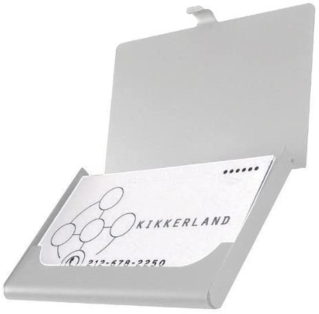Black Kikkerland aluminum card case with sleek, minimalist design for holding credit cards and IDs.