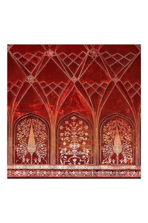 Oversized square cashmere blend scarf with Taj Mahal design by Lolili, featuring intricate patterns and soft, luxurious fabric.