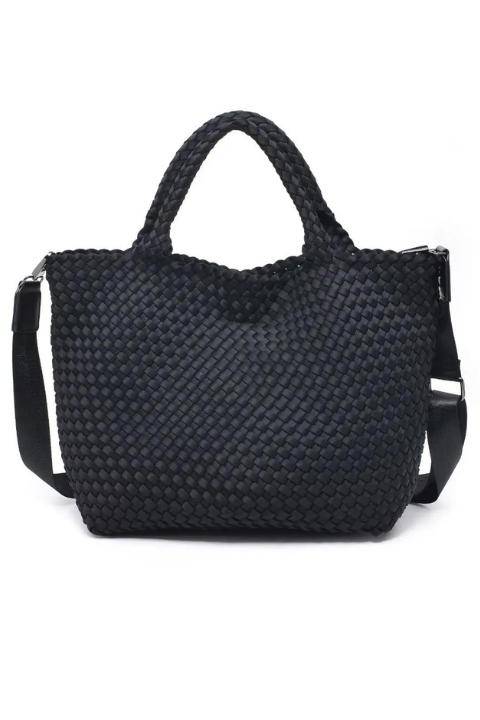 Fuchsia Sol and Selene Sky's The Limit medium woven neoprene tote bag with handles, stylish and spacious for daily use.
