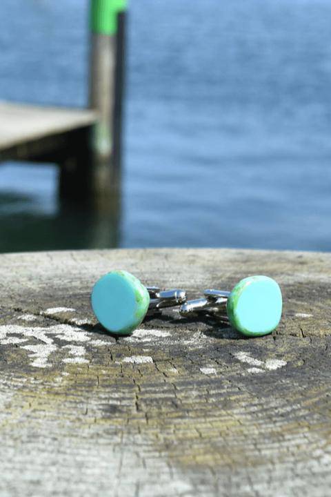 Bohemian art glass cufflinks by Stefanie Wolf Designs featuring coral-colored glass jewelry accessory for men.