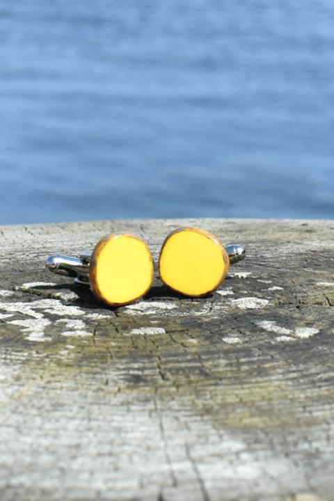 Bohemian art glass cufflinks by Stefanie Wolf Designs featuring coral-colored glass jewelry accessories.
